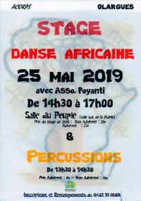 Stage de danse africaine et de percussions. Le samedi 25 mai 2019 à Olargues. Herault.  13H30